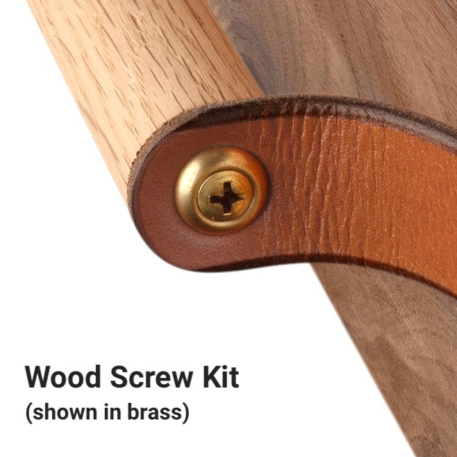 Close-up of a leather and wood handle with brass hardware and the title, Wood Screw Kit