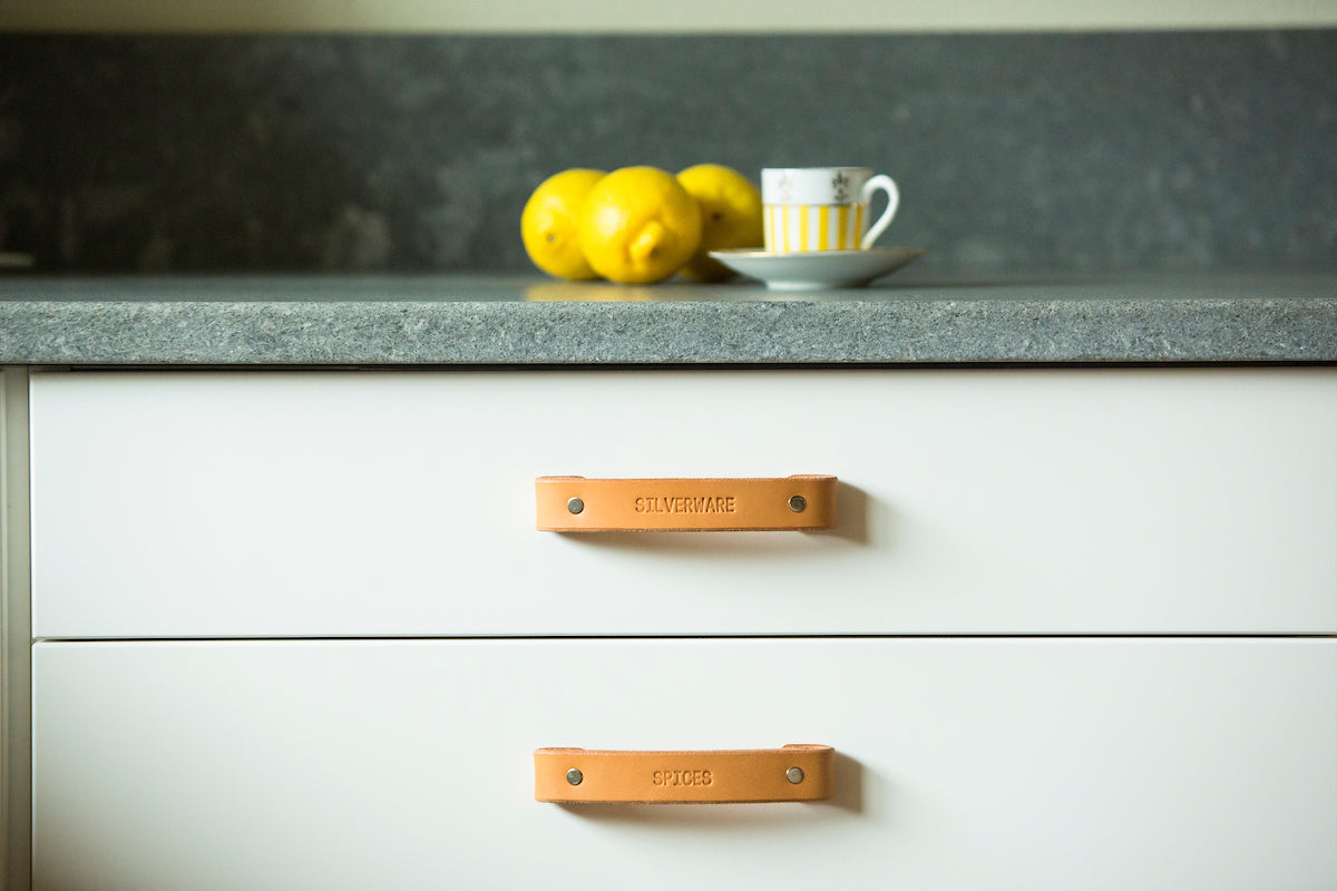 Label leather drawer pulls and handles for super drawer organization