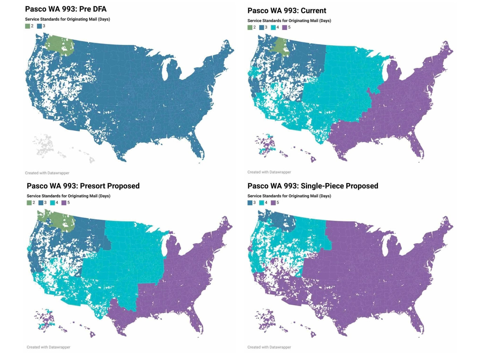 Four maps showing how service has slowed since 2020 across the US for a USPS postal letter