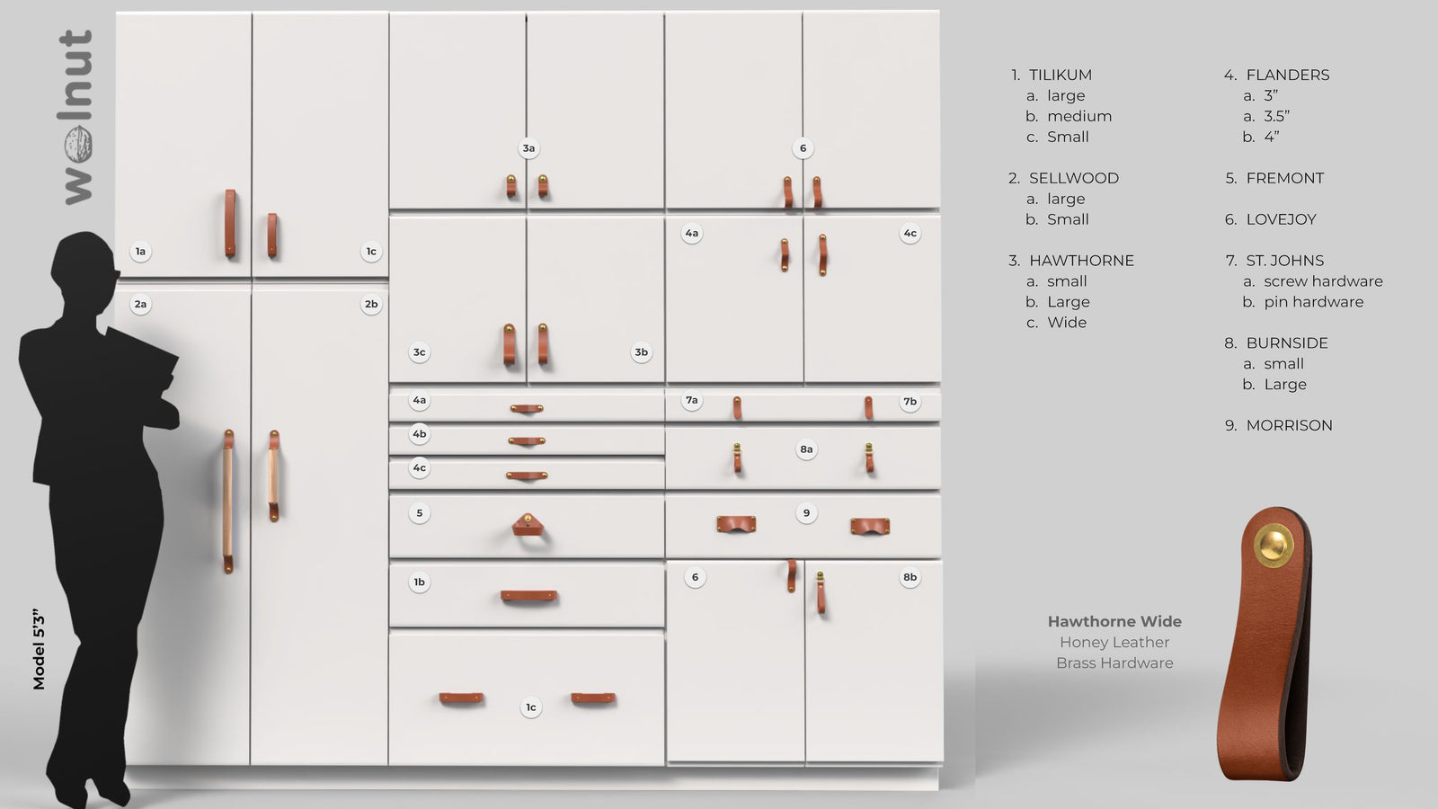 Architectural rendering of a shadow person for scale, marked Model is 5'3" next to a white wall of doors and drawers that have all of Wlanut Studiolo's leather handles on them. All are in honey leather / brass hardware. They are in comparison so you can see their relative size / scale.