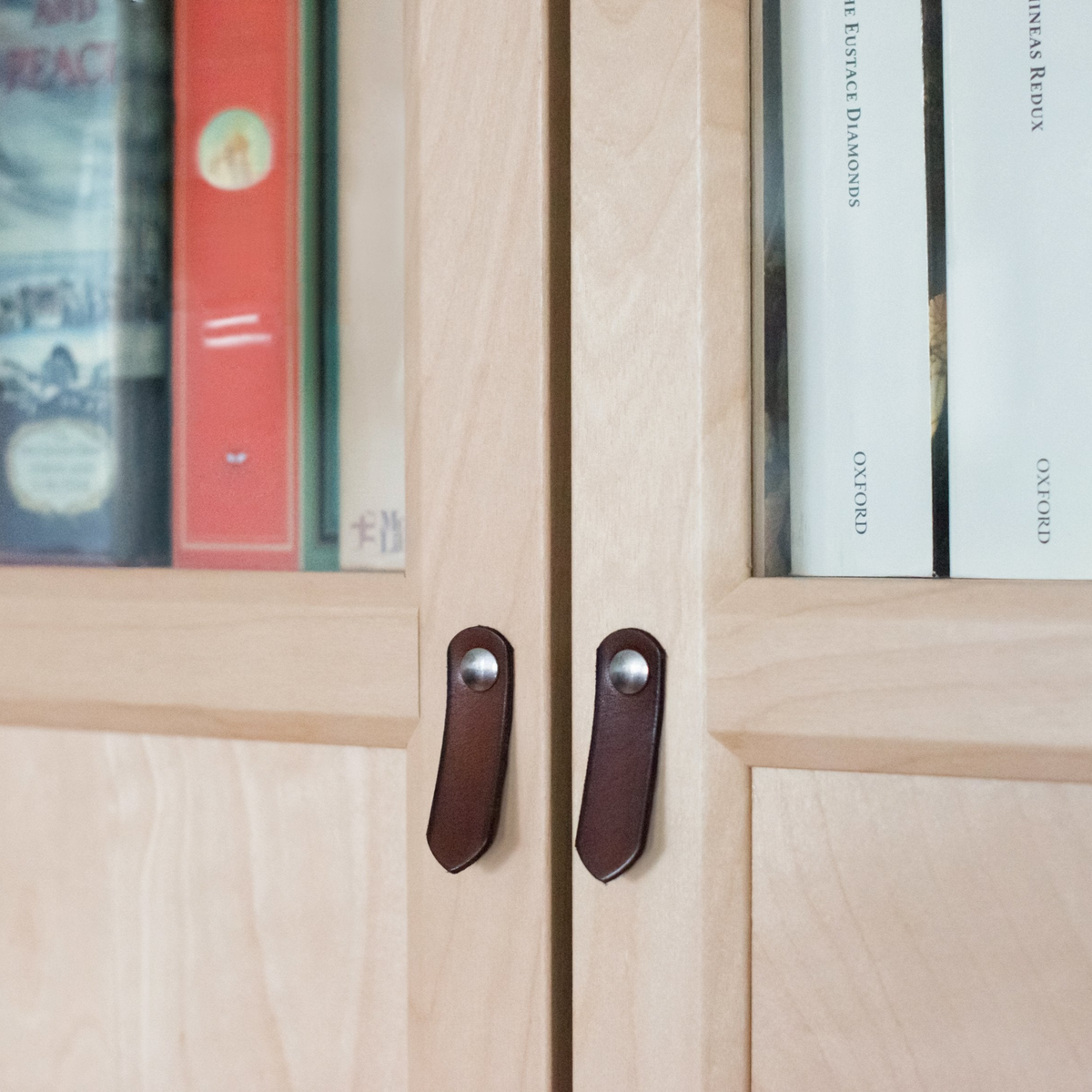 Still life image of the dark brown leather small handle on a birch wood BILLY bookcase from IKEA with the glass doors on top and books behind it. Close-up of handles.