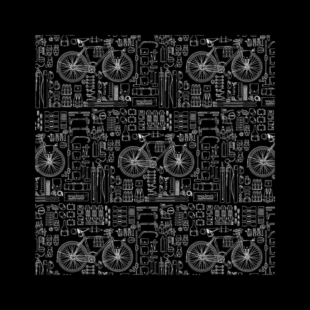 Black version of bicycle print bandana. Print is repeated with a thick black border and features a bicycle with a variety of walnut studiolo accessories. The drawings are of a technical blueprint style.