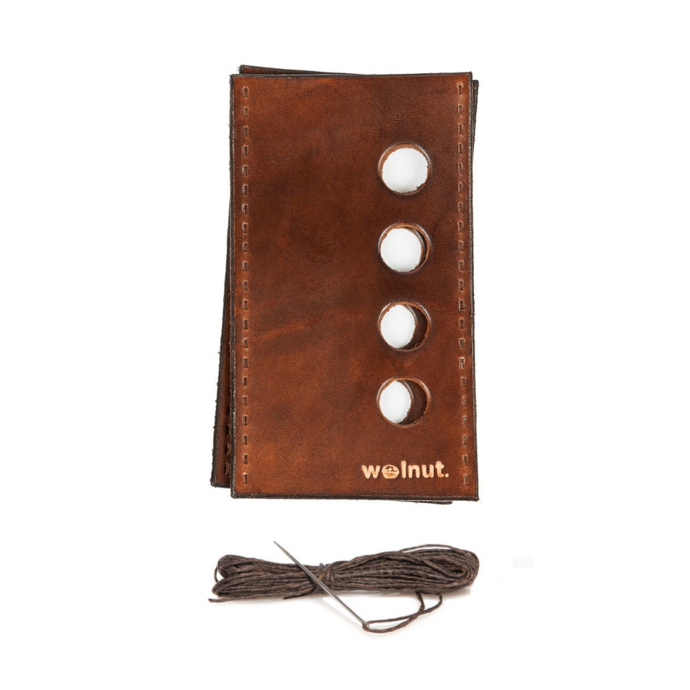 White background variant photo showing the product as it comes in the package: Dark Brown leather with dark brown thread