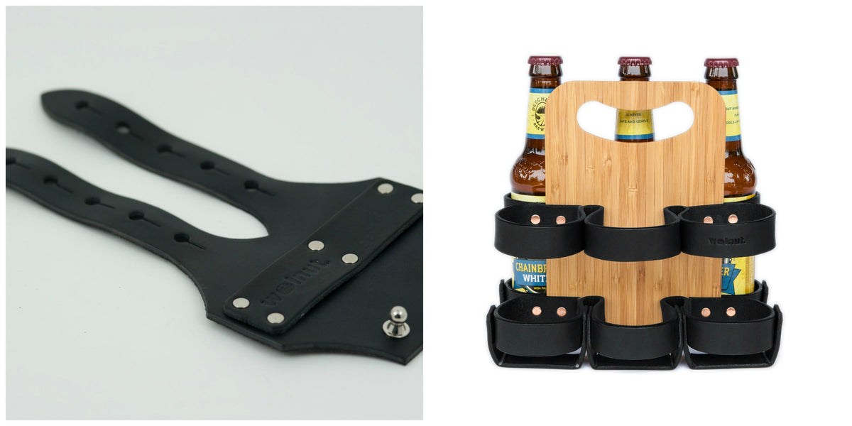 Photo collage showing the color variants of the Black / Black option: a black leather 6-pack bicycle beer carrier strap and a black leather with bamboo Spartan Carton reusable 6-pack