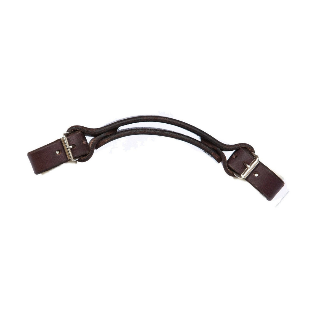 Dark brown &quot;little lifter&quot; bike handle on white background with silver-look hardware