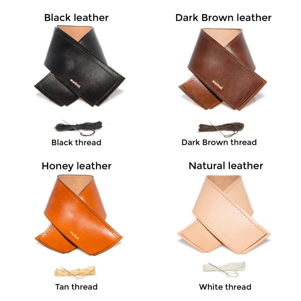 Photo collage showing the set of leather wraps in four colors with four colors of thread: Natural, Honey, Dark Brown and Black Leather. With White, Tan, Dark Brown, and Black thread.