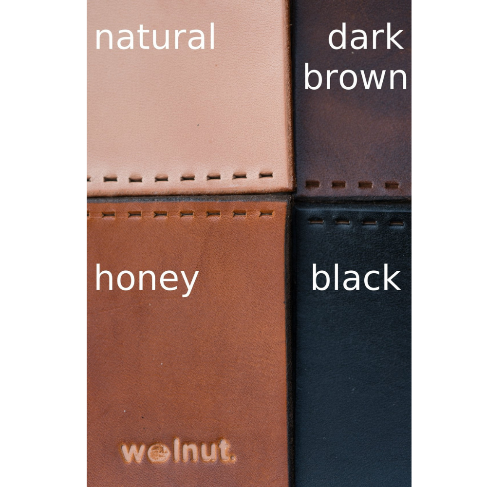 Four leather swatches shown clockwise: dark brown, black, honey, and natural