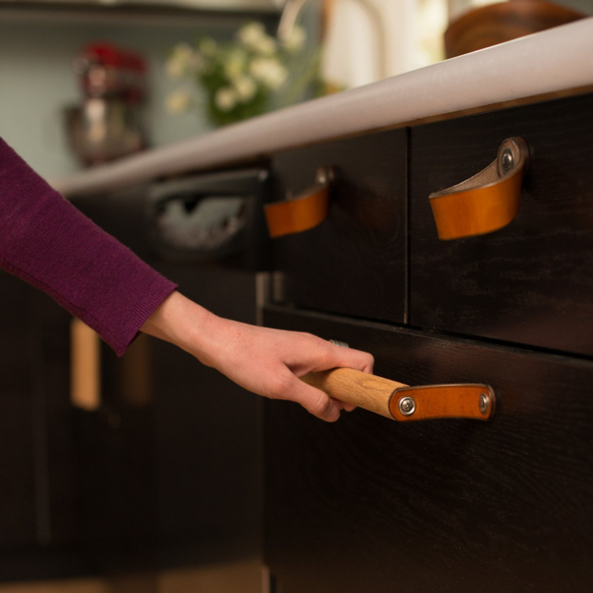 Walnut Studiolo Drawer Pulls Leather and Wood Handle - The Sellwood - 2 Sizes
