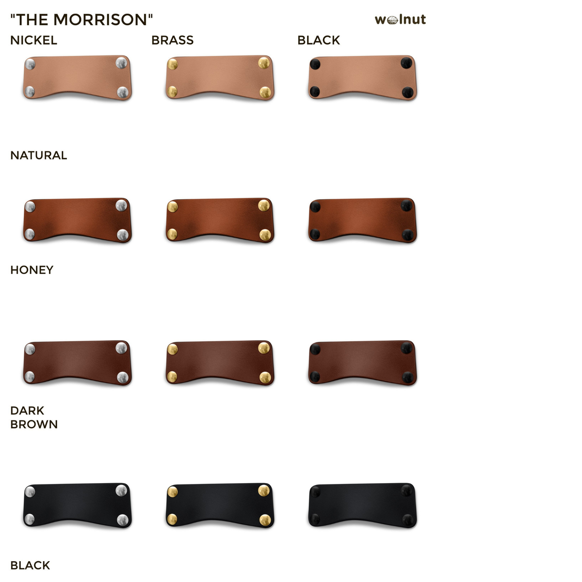 Photo collage showing all variants of the Morrison leather bin pull, in four leather colors (Natural, Honey, Dark Brown, Black), and three metal finishes for hardware (Nickel, Brass, Black Matte)