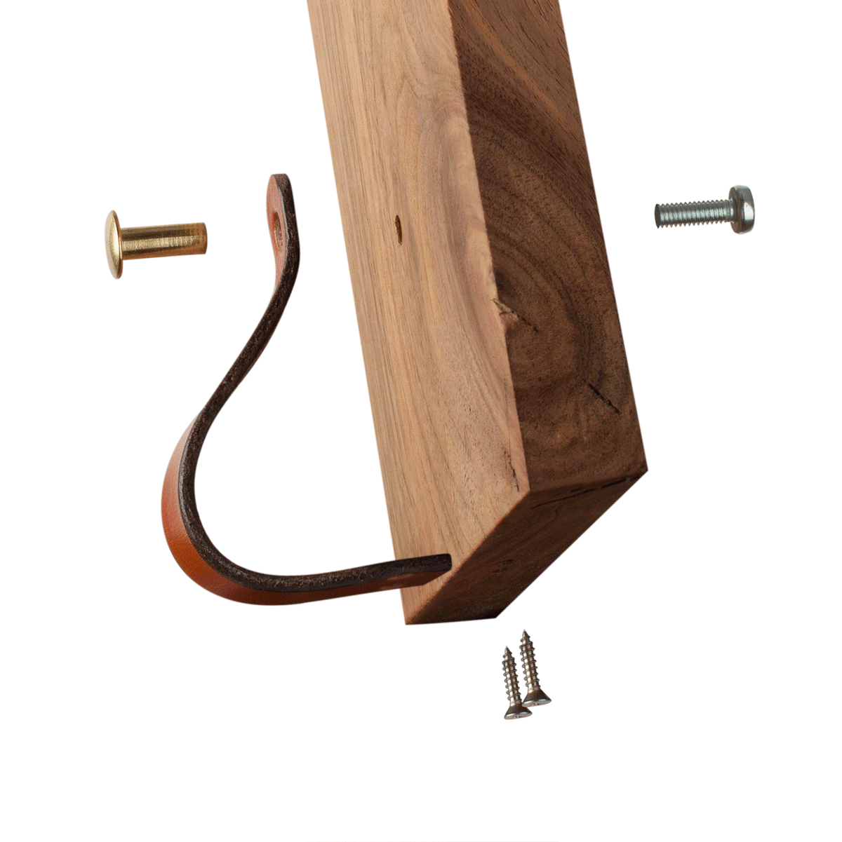 White background image showing how to install the Lovejoy leather handle with hardware: a surfaceness Chicago screw in front goes through a hole in the cabinet door and secured with threaded screws.