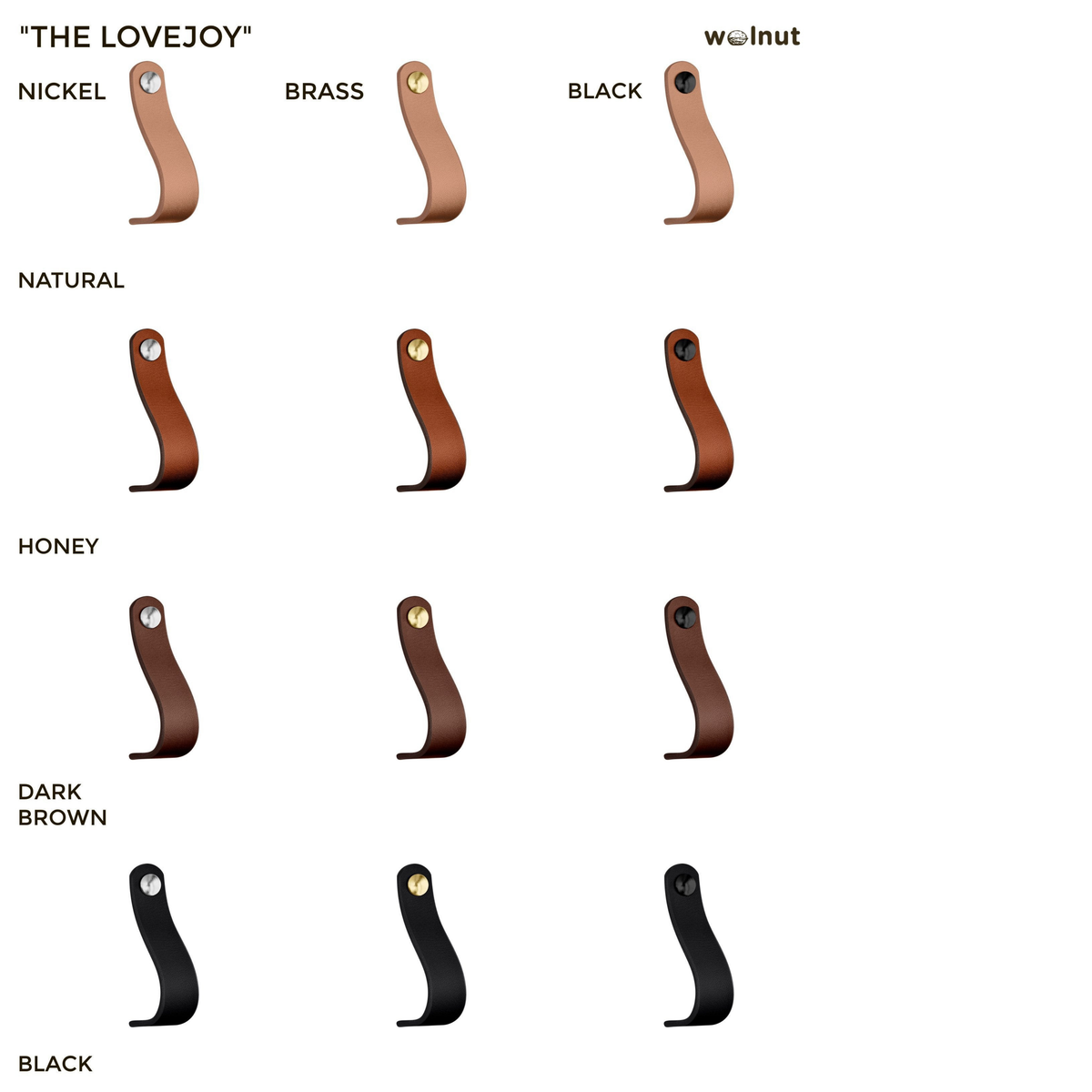 Photo collage showing all variants of the Lovejoy leather cabinet handle: four leather colors, three metal finishes