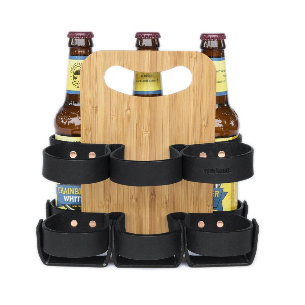 Walnut Studiolo Drink Accessories 6-Pack - Leather &quot;Spartan Carton&quot; Black / Bamboo Centerboard