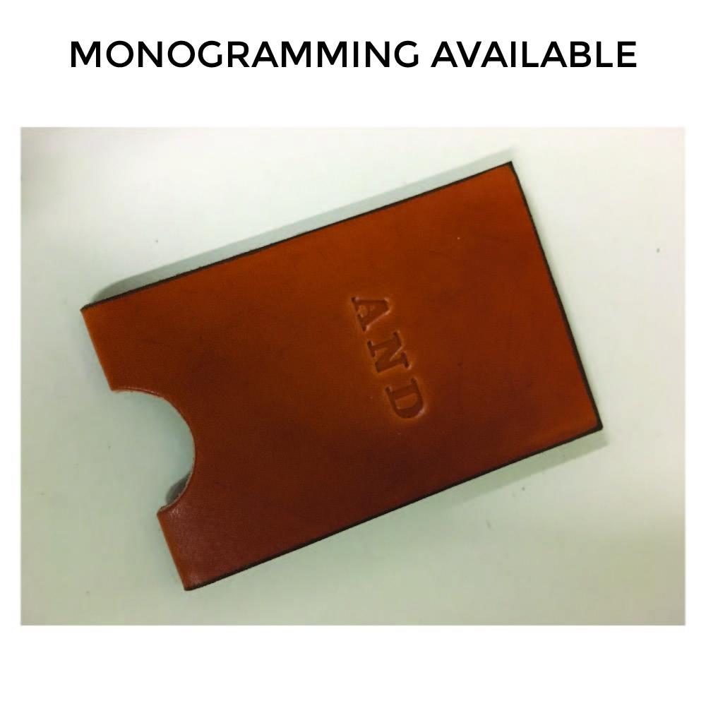 Honey leather variant card wallet with debossed monogramming with letters &quot;AND&quot; with the text &quot;Monogramming Available&quot; above the image