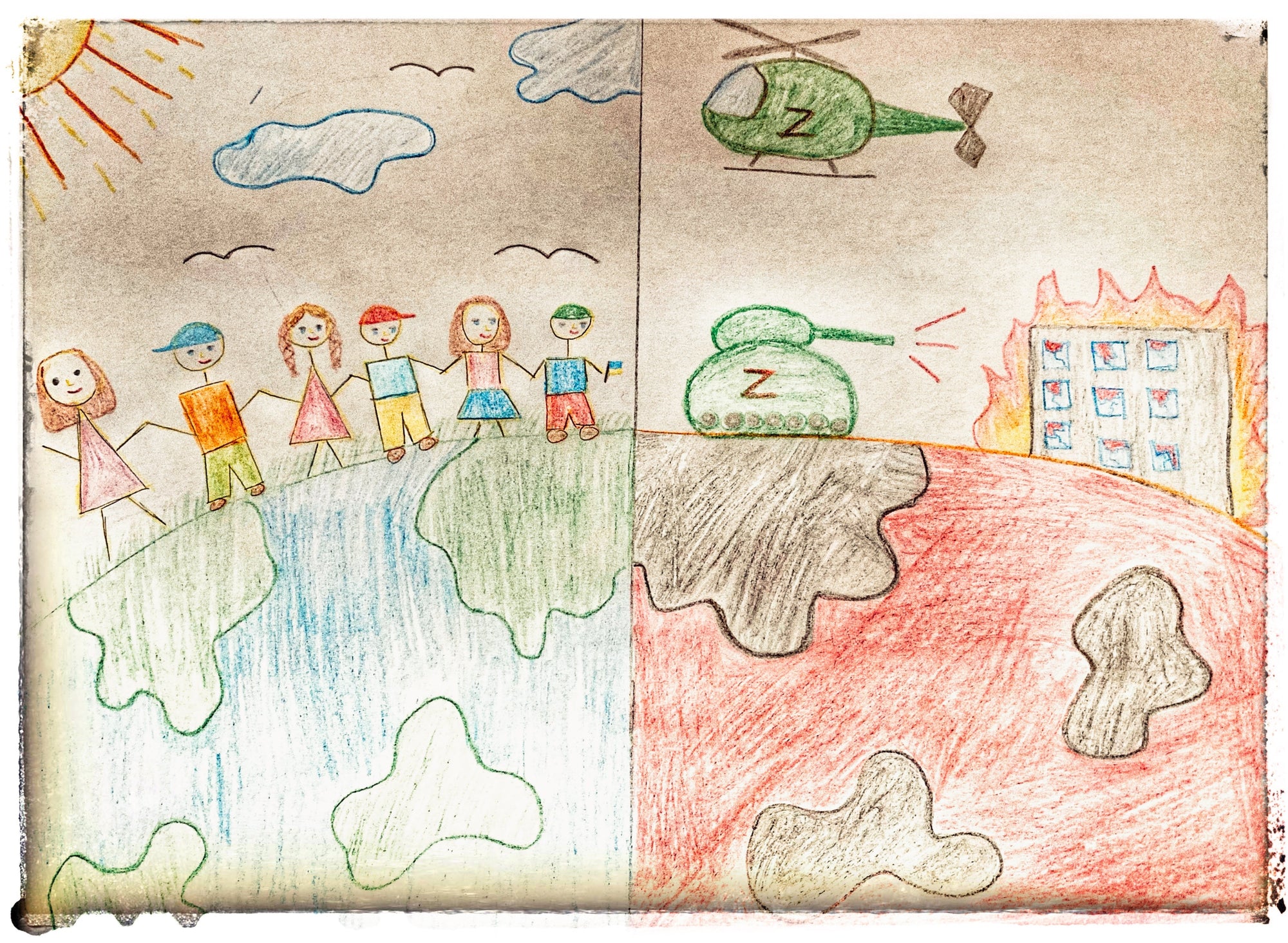 A Ukrainian children's drawing of people holding hands on a pretty day on one side and war with tanks and helicopters on the other 