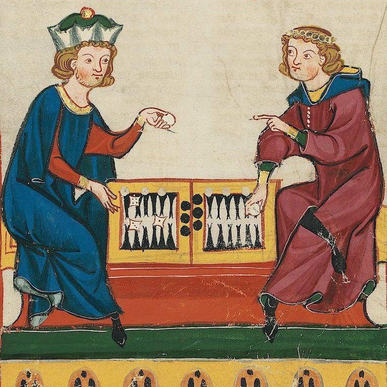 Medieval painting from the Manesse Codex showing two people playing backgammon. The board looks almost exactly as it looks today!