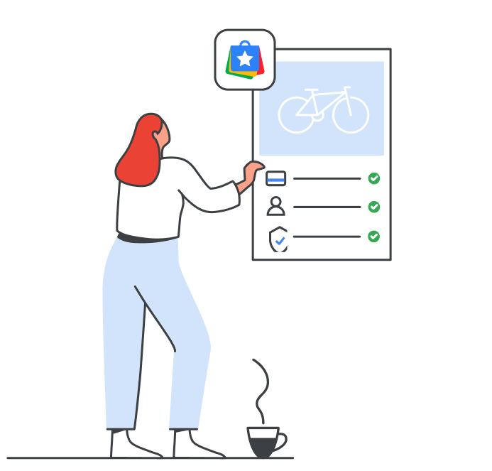 Google graphic of a woman shopping for a bicycle online and seeing a store report card showing a quality shopping experience