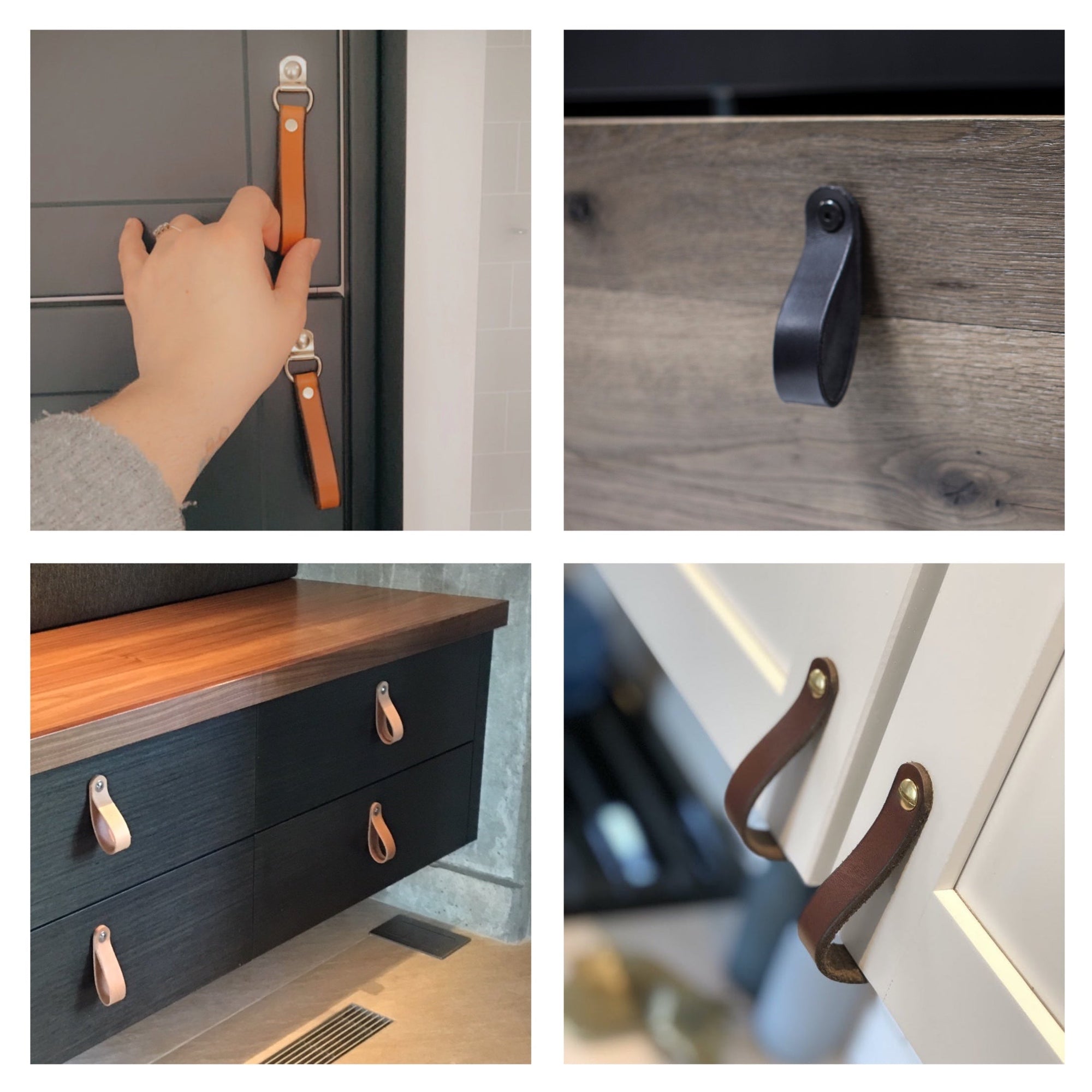 Photo collage of four different colored leather handles on four different background colors from customer projects: honey on blue, black on ash wood, natural on brown-black, and dark brown on white cabinetry