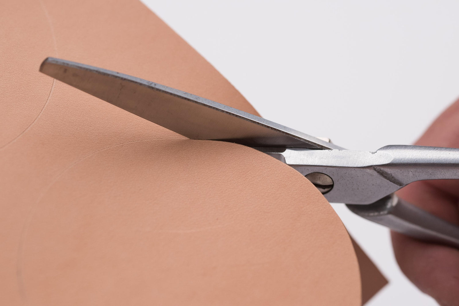 Cutting undyed natural vegetable-tanned leather with stainless steel shears