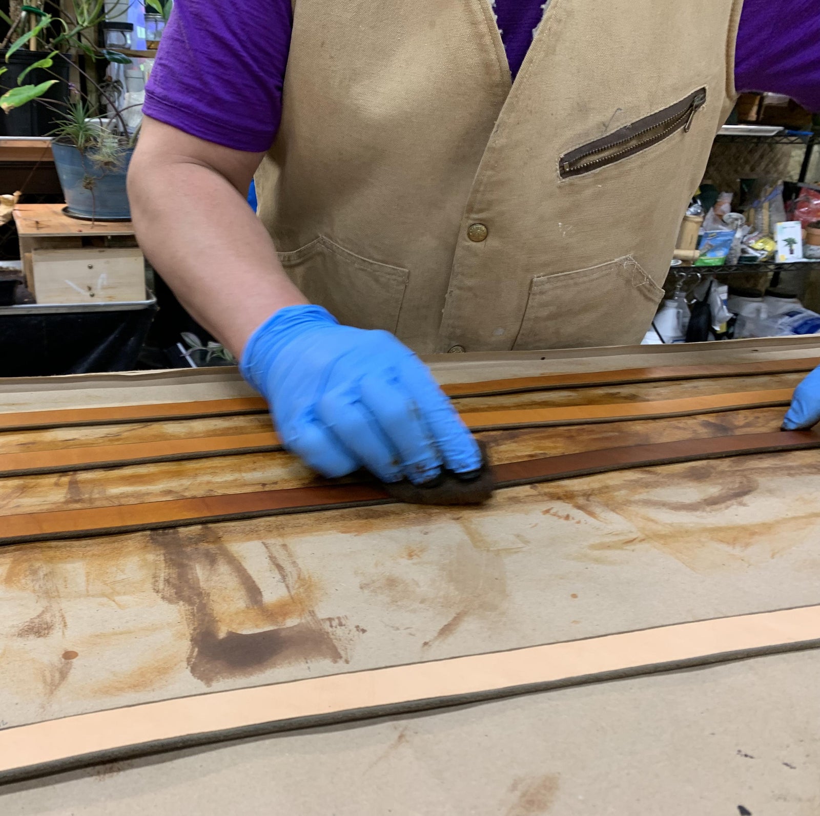 Close-up of a man's torso in front of a workbench, where he is applying honey-colored leather dye color to leather straps wearing blue gloves
