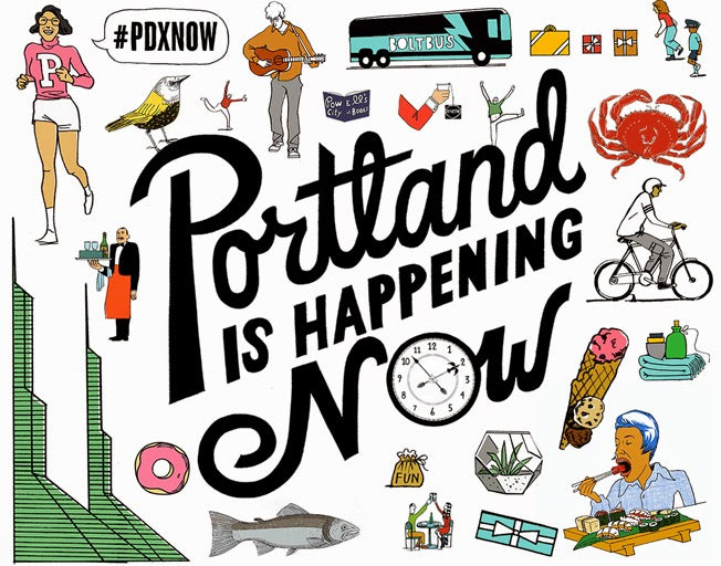 Hand-drawn graphic with the words, Portland is happening now