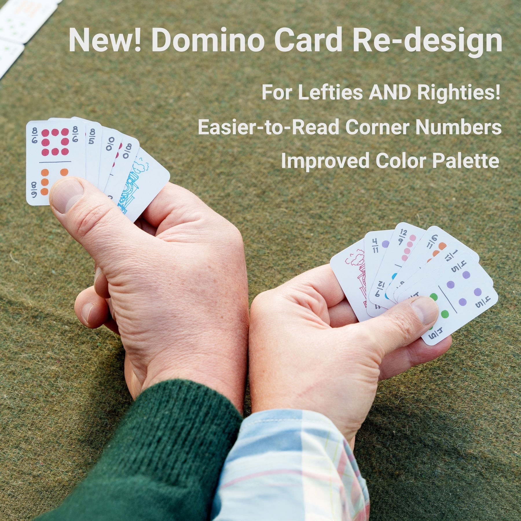 A left-handed and a right-handed person both fanning a set of domino playing cards in their hands, showing the numbers in all four corners. With the text: New Domino Card Re-design, For Lefties AND Righties, EAsier-to-Read Corner Numbers, Improved Color