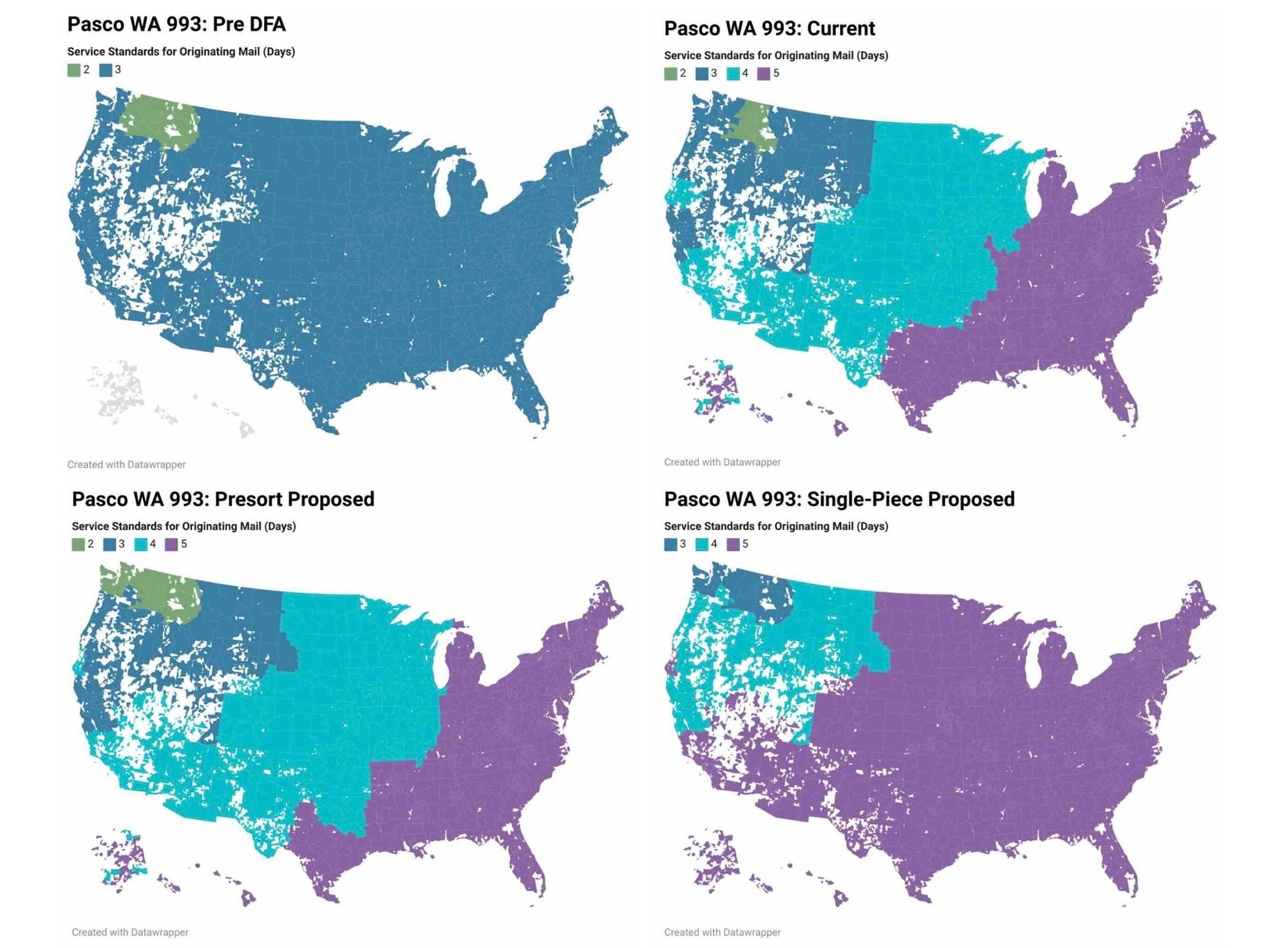 Four maps showing how service has slowed since 2020 across the US for a USPS postal letter