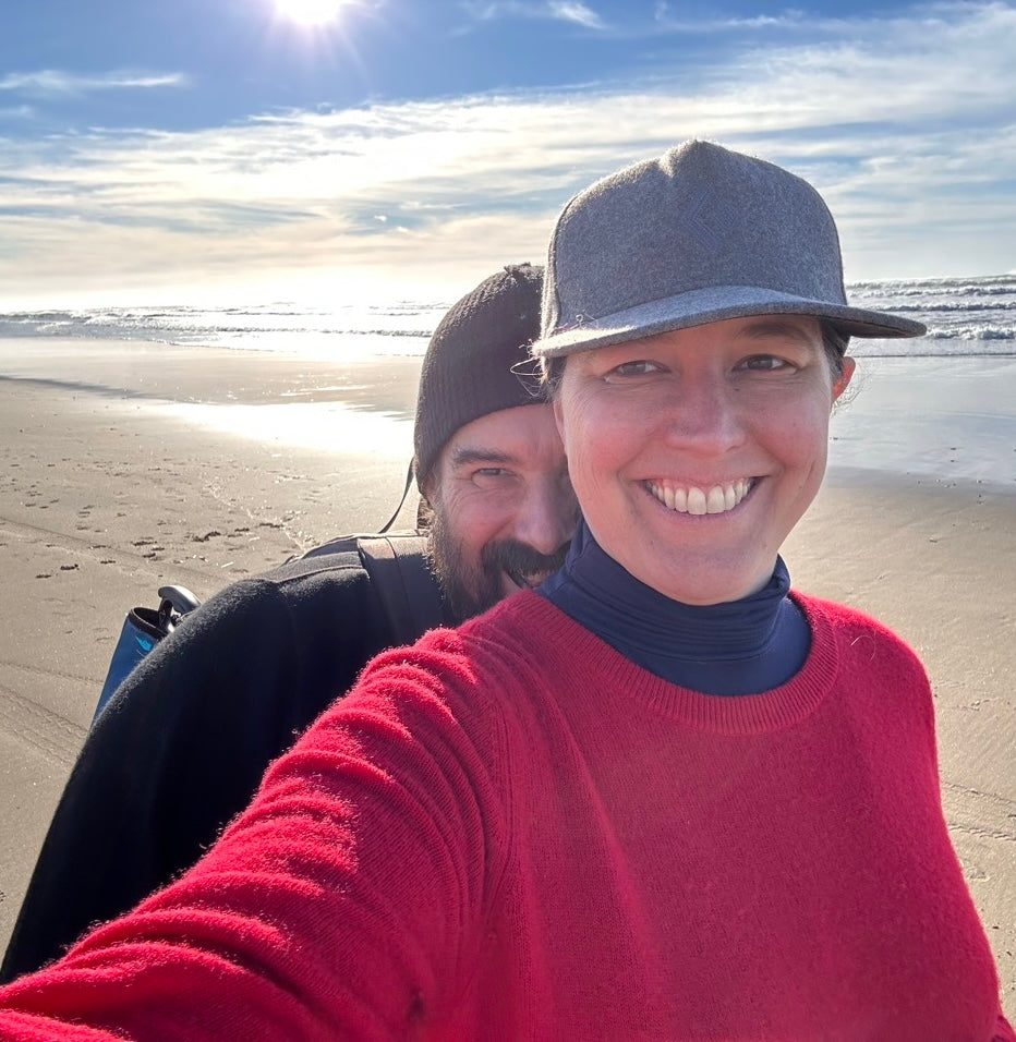 Selfie of Valerie and Geoffrey Franklin from Walnut Studiolo on Rockaway beach on a sunny day