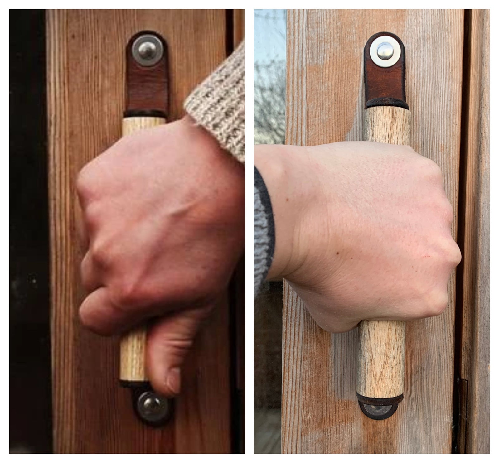 Before and after photos of the same oak and leather handle on an outdoor sauna door with a hand reaching out to it