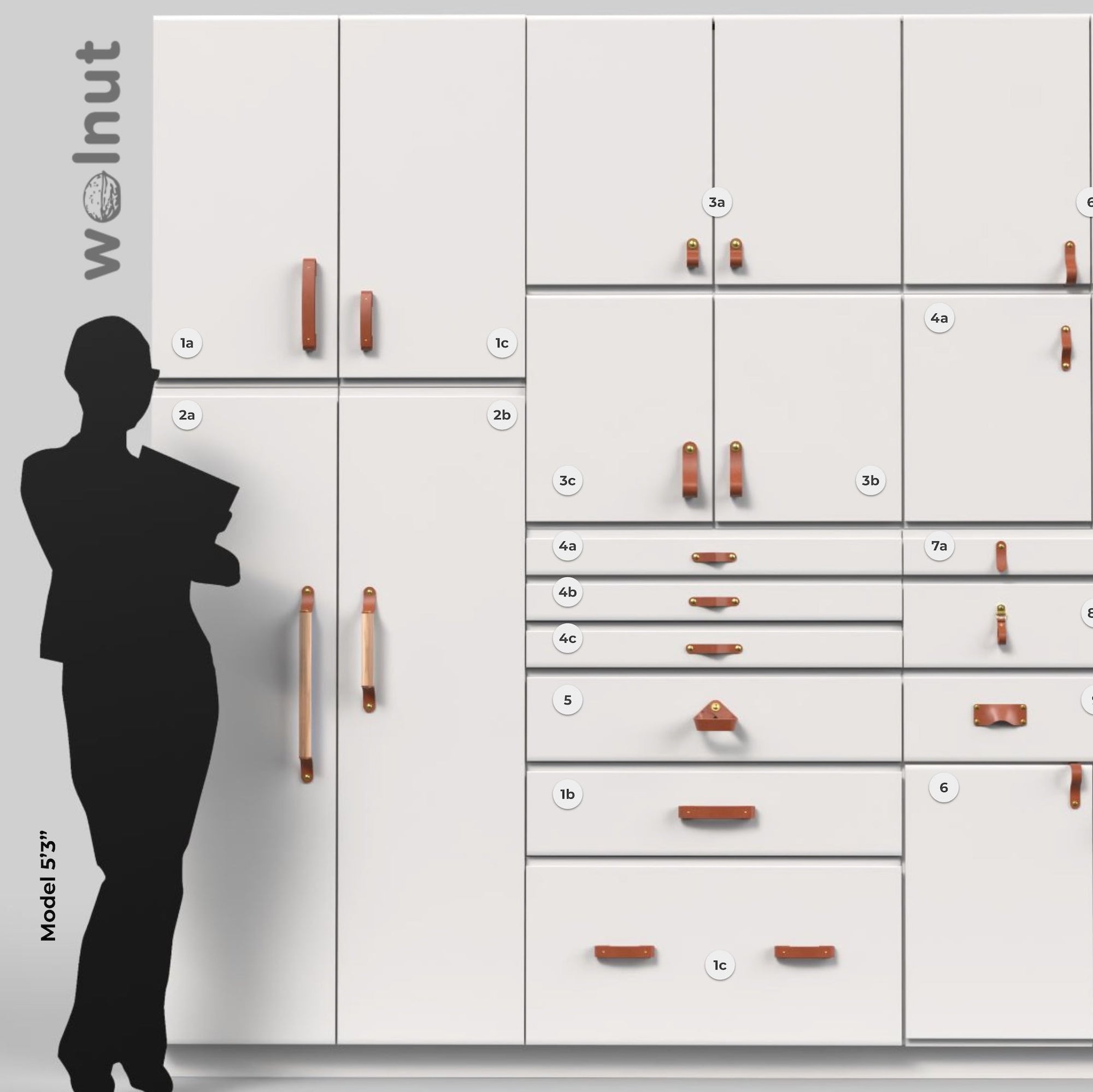 A rendering illustration of a wall of cabinets and drawers with each of Walnut Studiolo's leather handles placed on them for scale, all in honey leather with brass hardware, a key labeling each handle, and a human model for scale