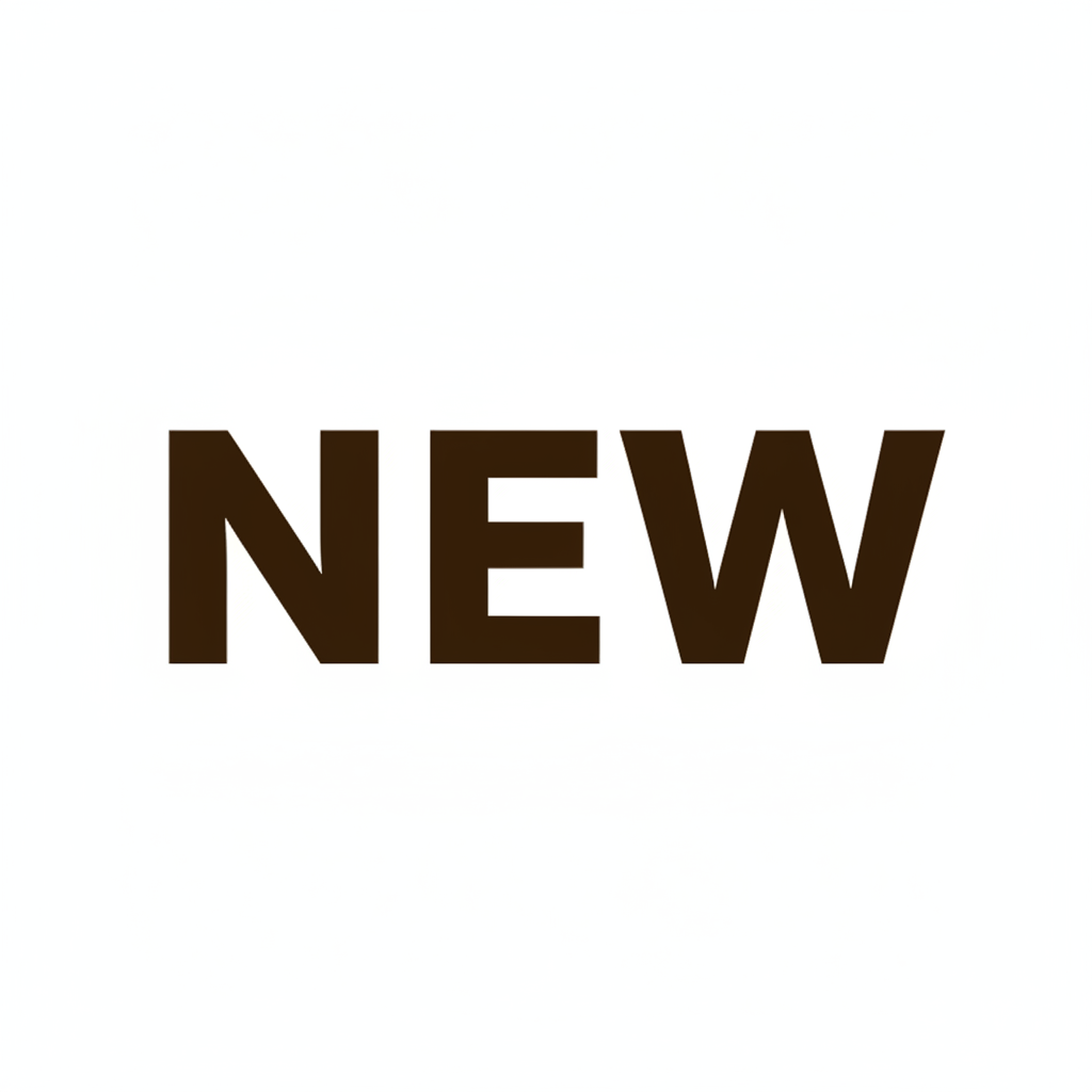 The word NEW in dark brown letters on a white background