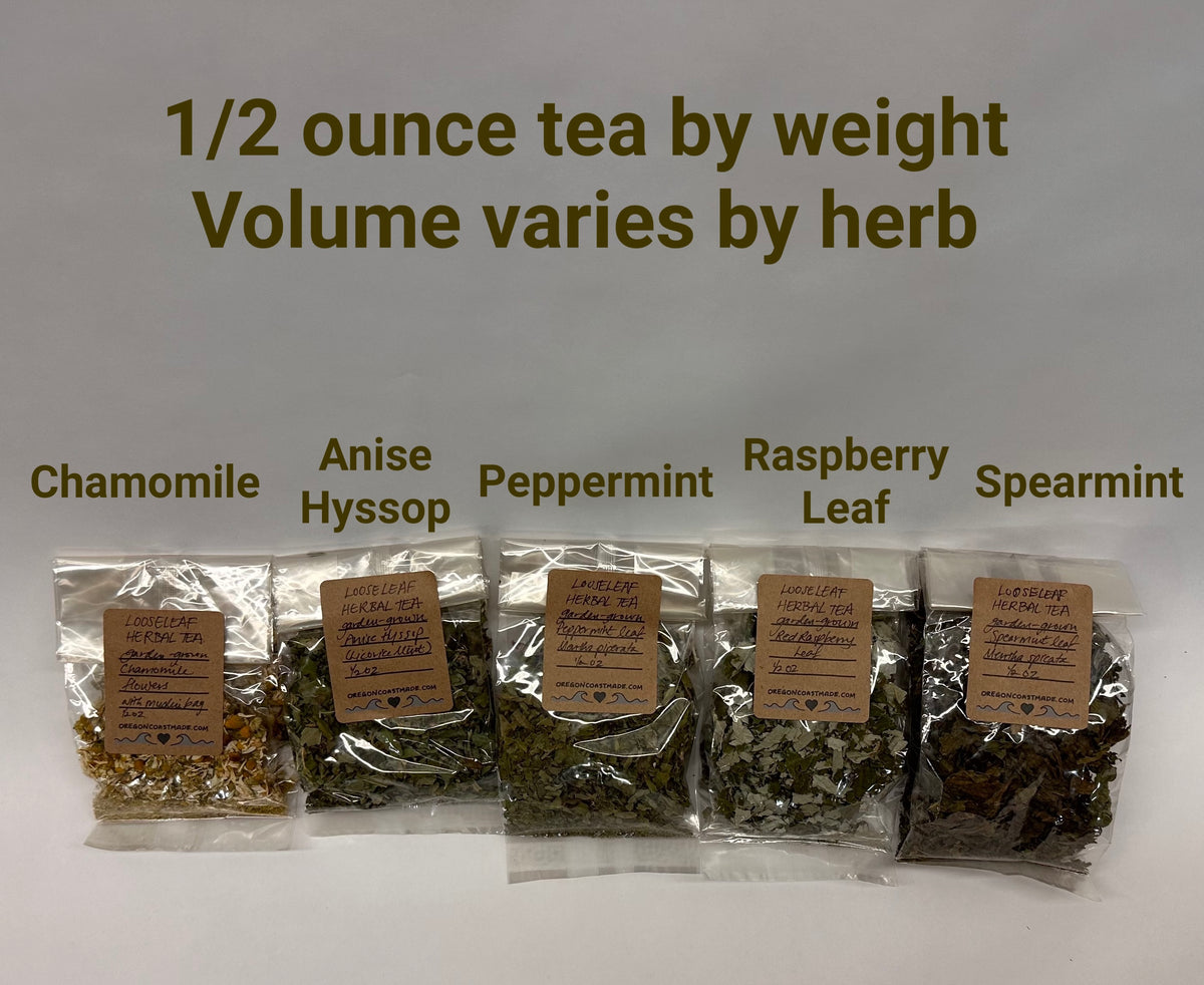 Five packages of different herbs with labels on a white background, &#39;1/2 ounce tea by weight, volume varies by herb&#39; - each package holds a different volume of dried herbs even though they are the same weight