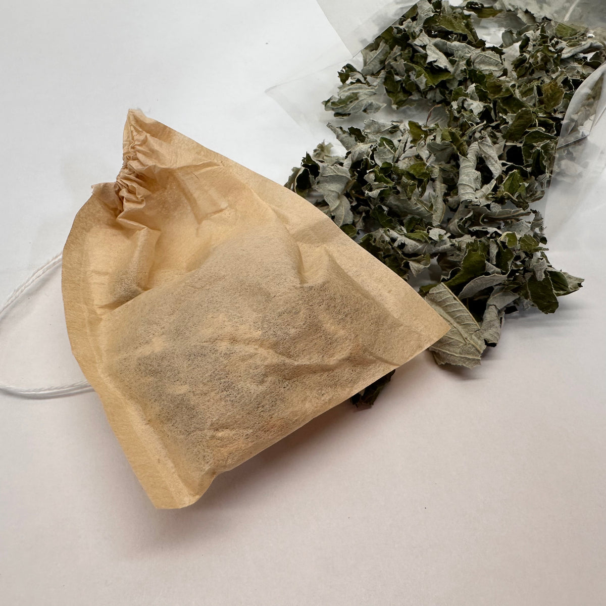Tea bag and garden-grown anise hyssop dried herbs on a white background