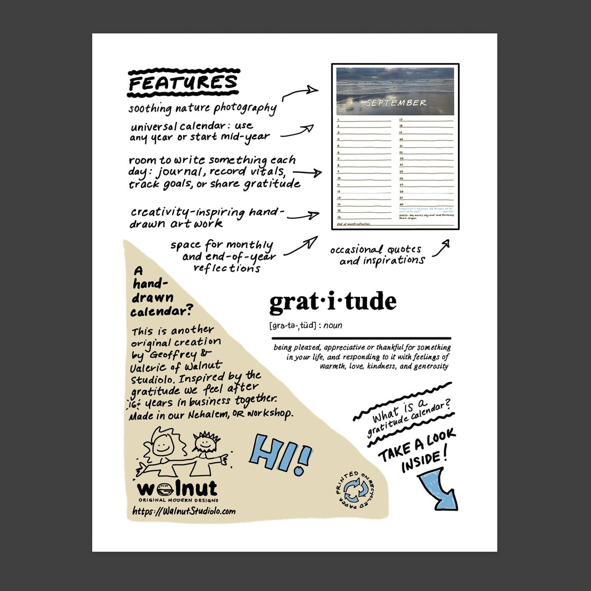Back page of the Perpetual Gratitude calendar that gives a little author bio of Valerie and Geoffrey Franklin, Walnut Studiolo, shares a definition of Gratitude, and points out the calendar features on an inset photo of the the month of September page, showing a line for each day of the month with just the number and not the day of the week so it can be used year after year. Soothing nature phtoography, universal calendar can be started mid-year, room to write something each day