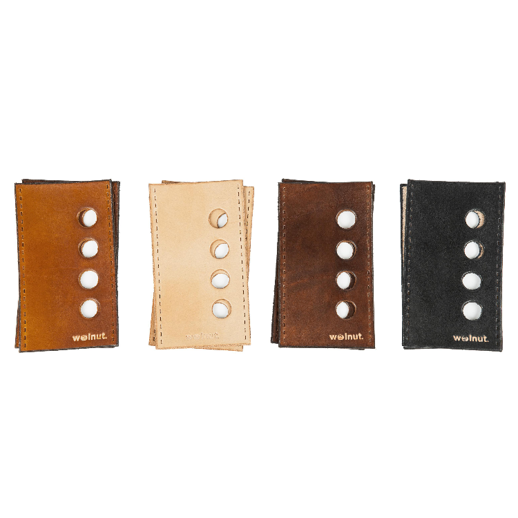 Four colors of Bare Knuckle leather bicycle sew-on handle grips: honey, natural, dark brown, black