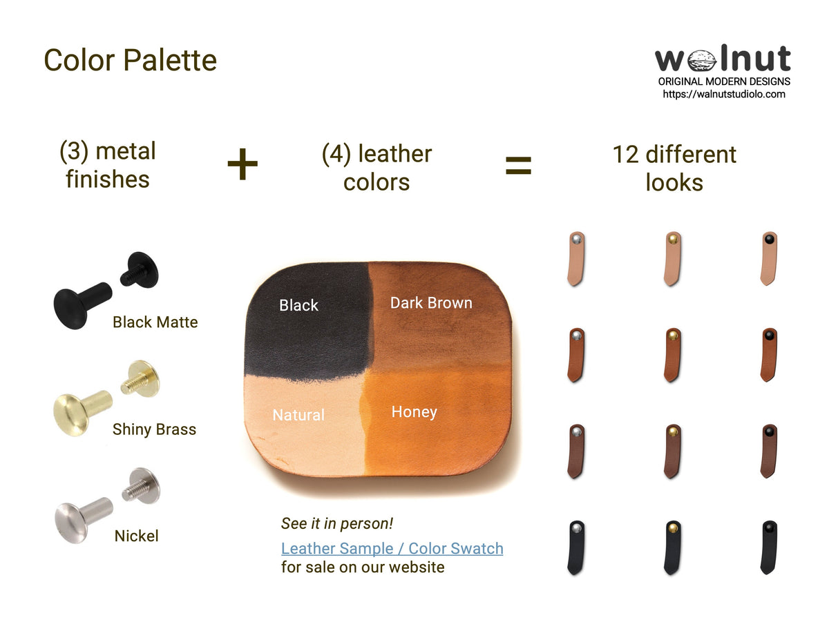 Title: Color Palette. 3 metal finishes (black matte, shiny brass, and nickel) plus 4 leather colors (shown on a color swatch that says, &quot;See it in person! Leather Sample / Color Swatch for sale on our website&quot;) equals 12 different looks, with a collage of all metal + leather combinations