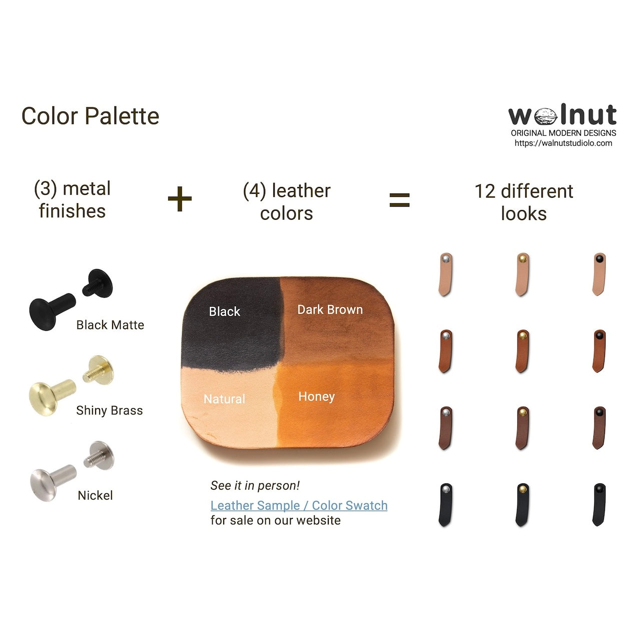 White background slide showing three Chicago screws in brass, black, and metal finishes, a color swatch showing 4 leather colors (black, dark brown, natural, and honey) and a composite image of all 12 combinations, with the title, Color Palette