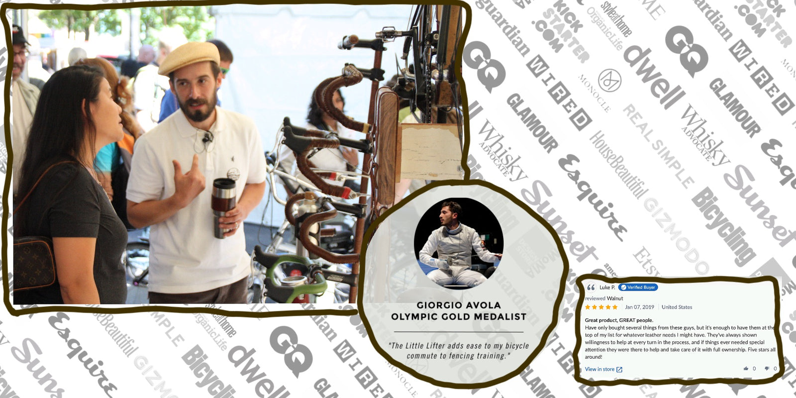 Geoff Franklin of Walnut Studiolo standing at an art fair in front of a display bicycle talking to a woman customer, holding a cup of coffee in his hand. Together they are gesturing at a display of handlebars wrapped in braided leather. 