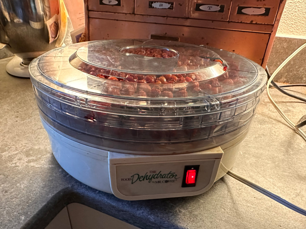Food dehydrator with a transparent lid showing drying cherries on a kitchen counter.