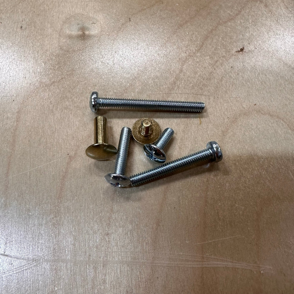 Set of screws on a wooden surface with Brass Chicago screw and multiple sizes of zinc back screw