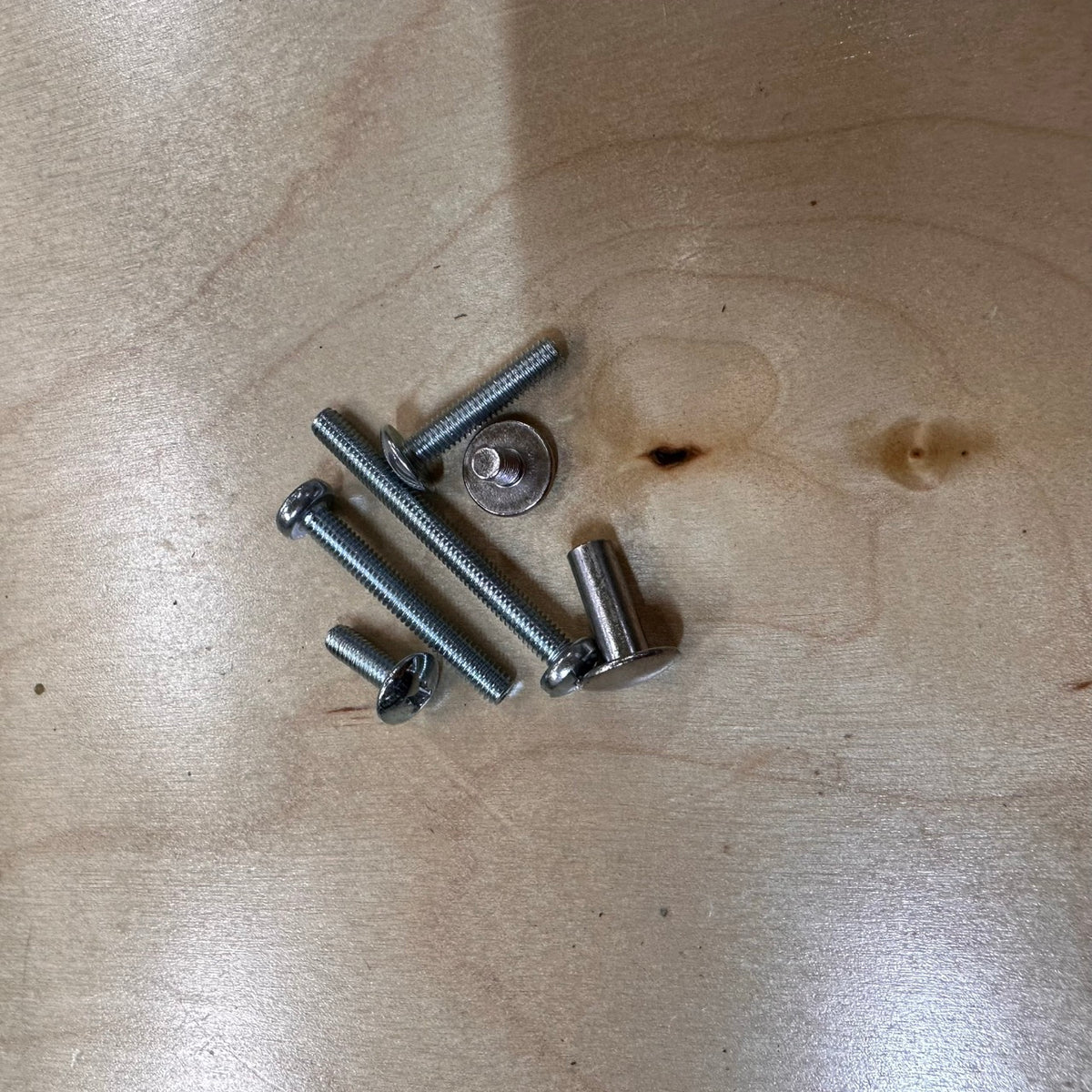 Set of screws on a wooden surface with Nickel Chicago screw and multiple sizes of zinc back screw