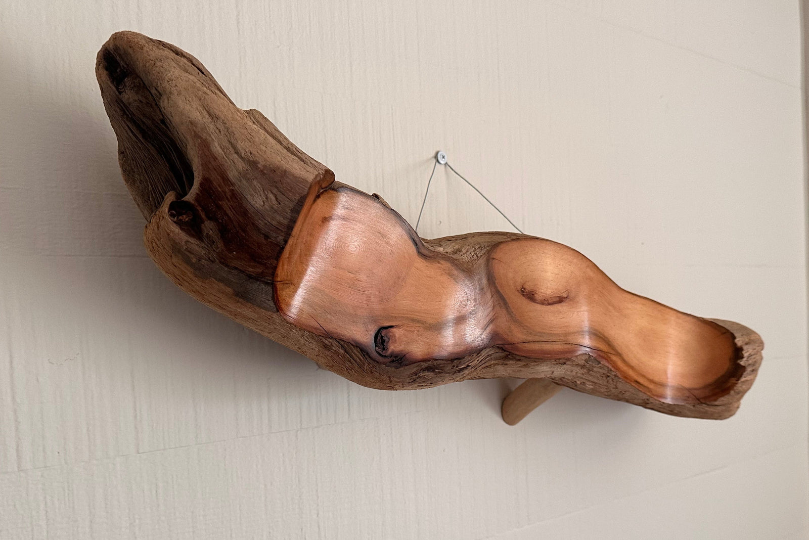 Wavy driftwood sculpture on a white wall 