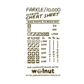 Farkle / Ten Thousand (10,000) dice game scoring cheatsheet hand-written and hand-drawn in a business card size for printing at home