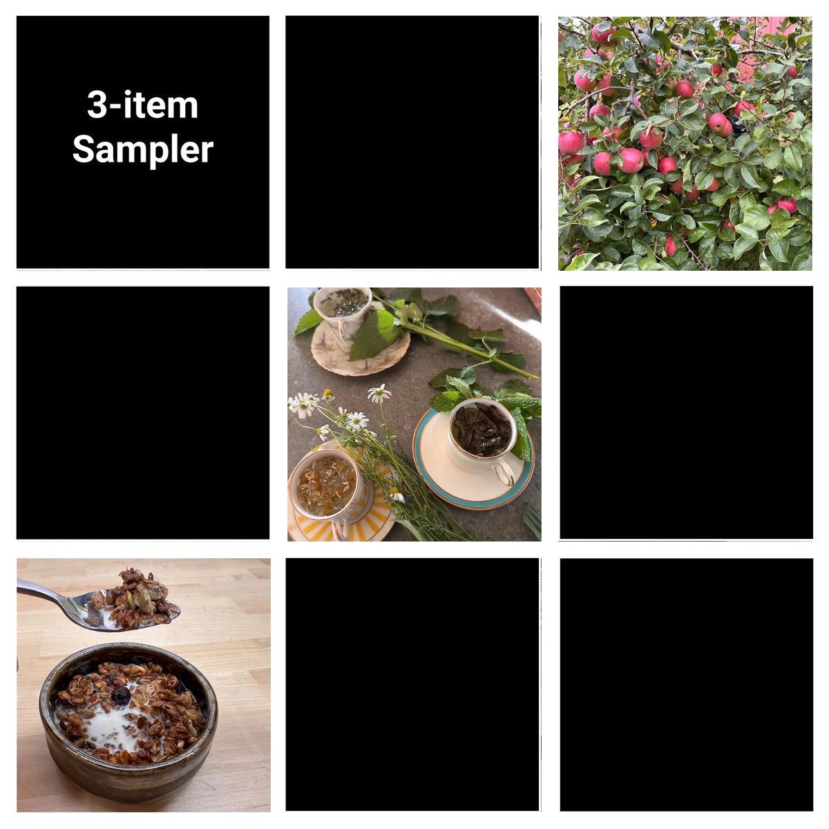 The 9-item collage with all but 3 frames blacked out and the title, &#39;3-Item Sampler&#39; showing fruit, tea, and granola