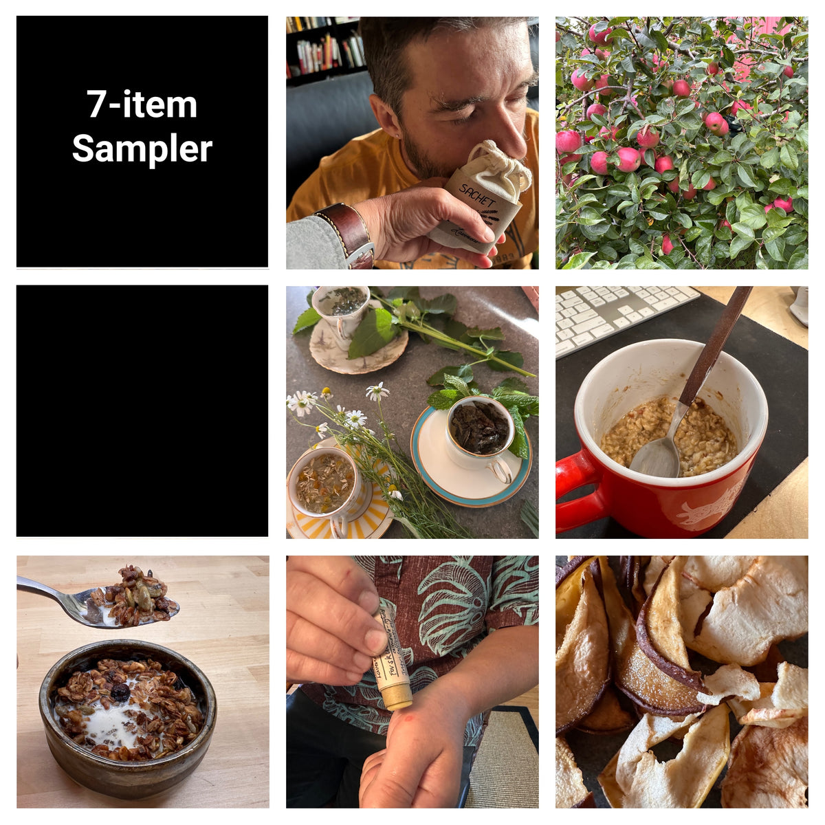 The 9-item collage with all but 7 frames blacked out and the title, &#39;7-Item Sampler&#39; showing two kinds of fruit, tea, oatmeal, granola, sachet, and balm
