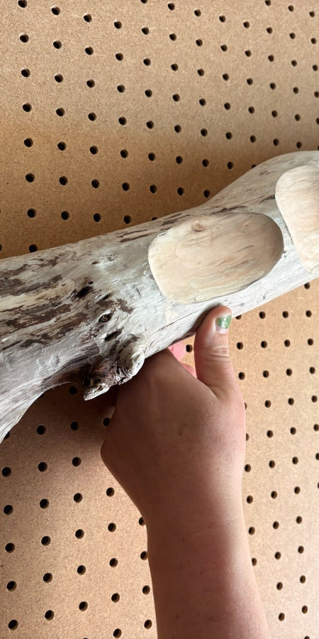 Driftwood with rounded ends held against a pegboard background