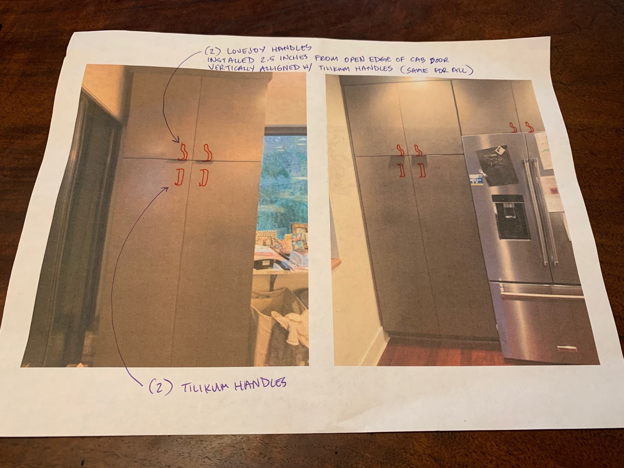 Hand-drawn mock-up of a kitchen with handles drawn on top of a photo