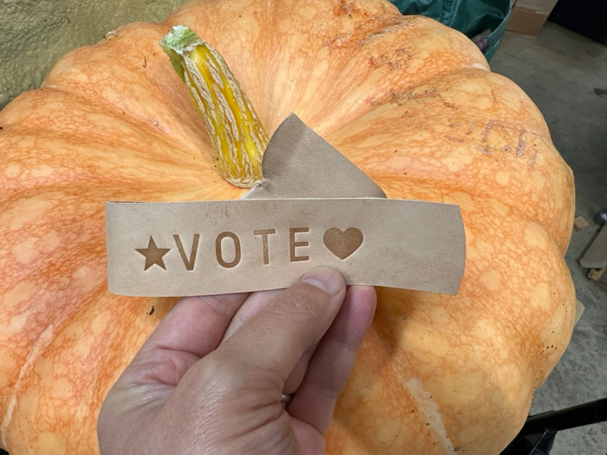 A hand holding a leather strip that says VOTE with a star and heart in front of a large pumpkin, for scale