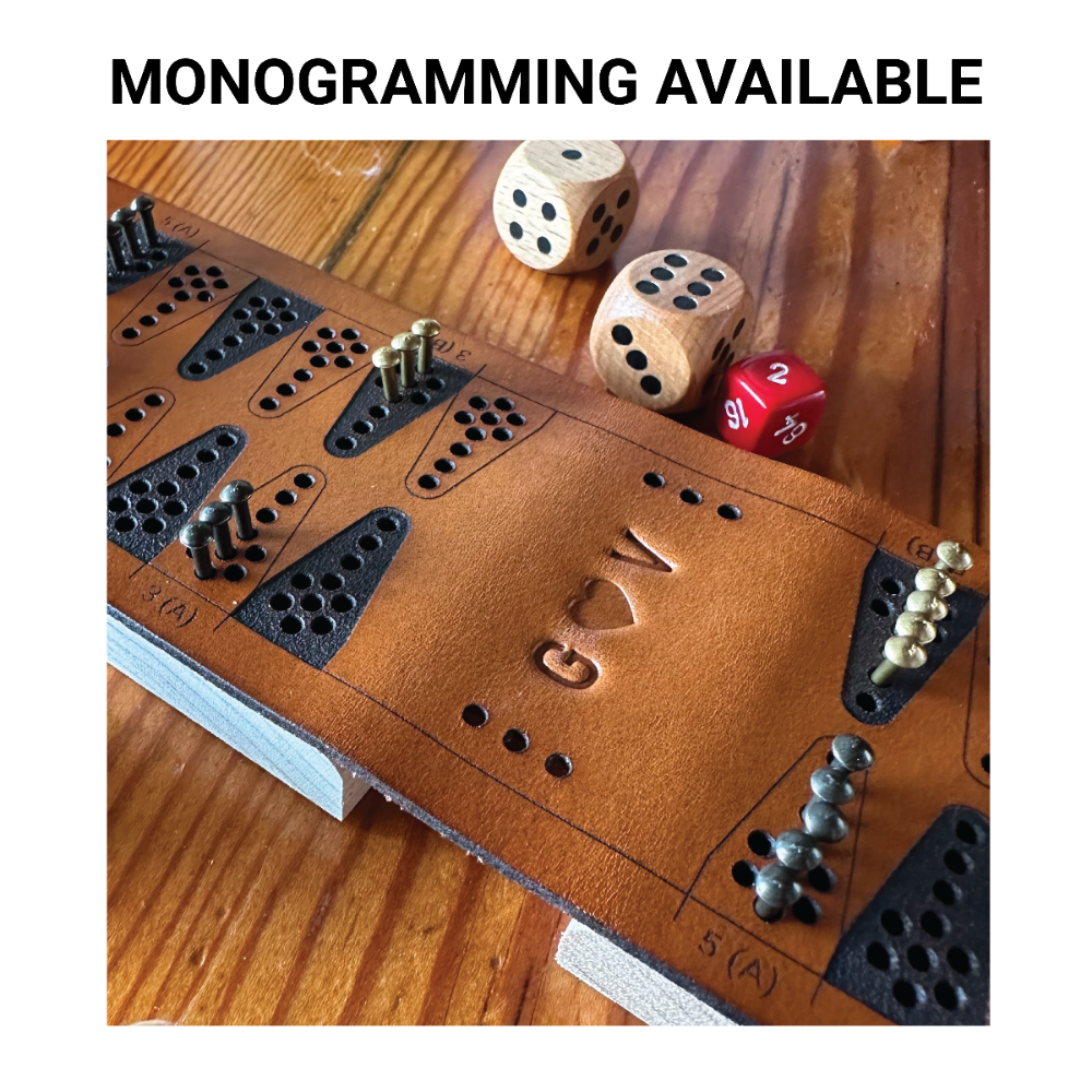Backgammon Label Mini Backgammon Board - American Made Leather, Monogrammed Gift - Walnut