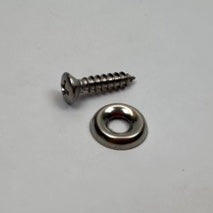 Metal screw and washer on a light gray background