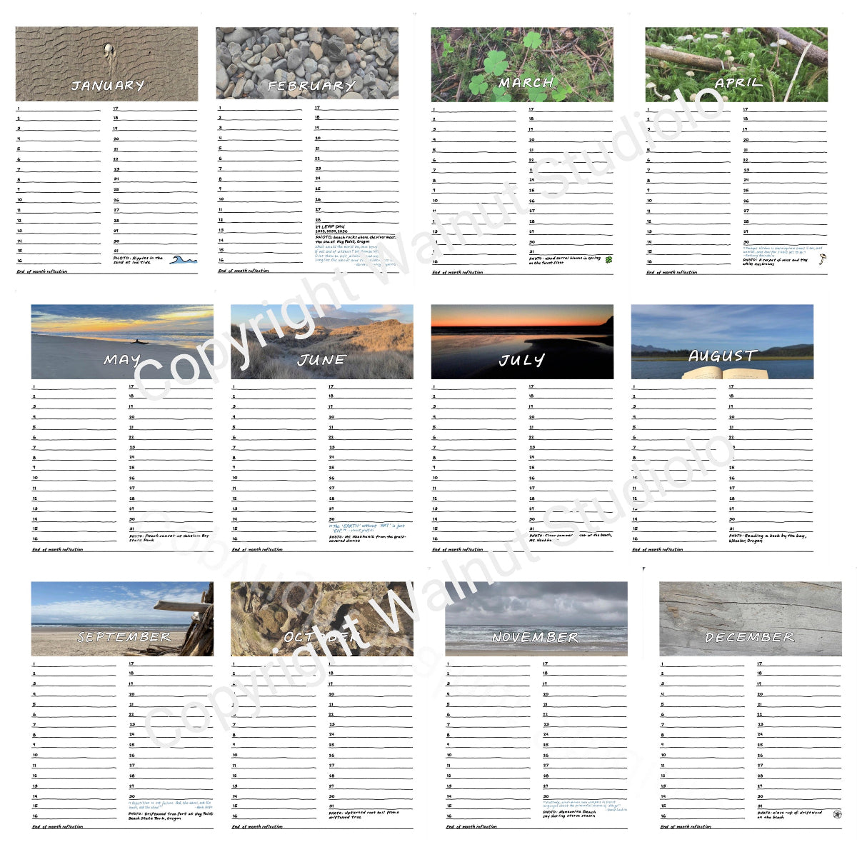 Year-at-a-Glance of all 12 months from the Perpetual Gratitude calendar, small screenshots of each month with the watermark on top, Copyright Walnut Studiolo